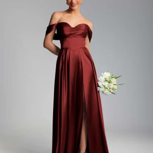 Robes De Demoiselle D'Honneur À Épaules Dénudées Ruché Fente À Jambe Longueur Au Sol Fraelith