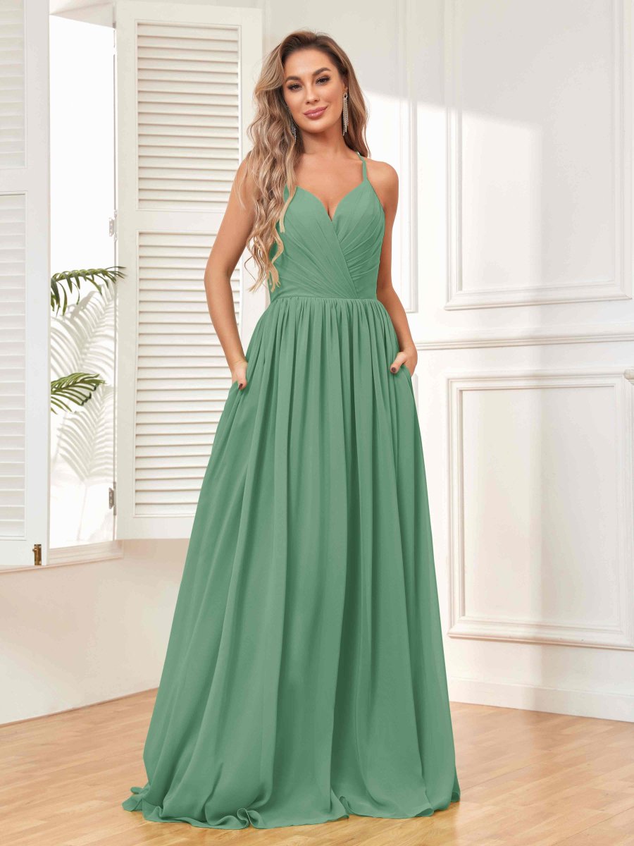 Robes De Demoiselle D'Honneur À Bretelles Spaghetti Longueur Au Sol Caroline