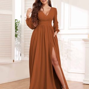 Robes De Demoiselle D'Honneur À Col V Et Fente À Jambe Avec Poches Trinity