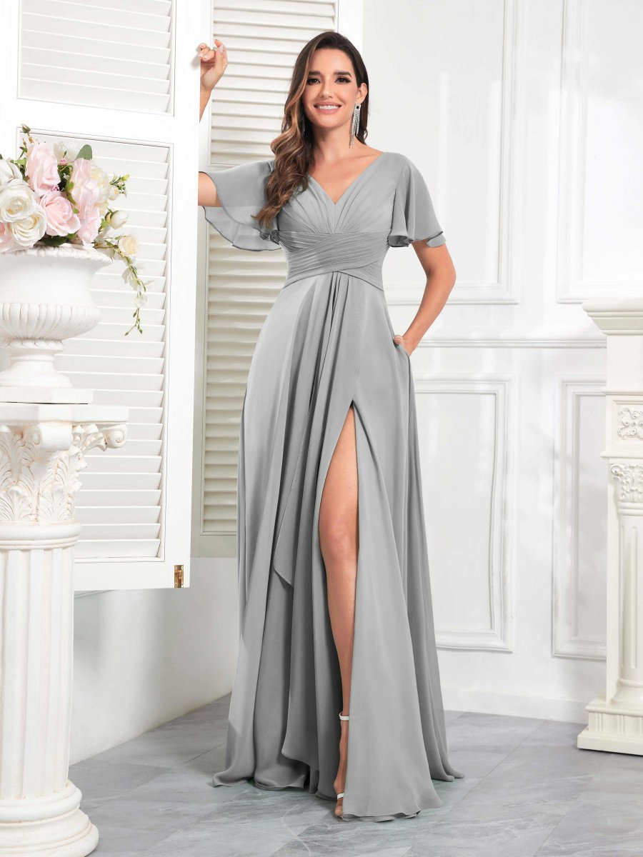 Robes De Demoiselle D'Honneur À Manches Courtes Ruché Fente À Jambe Gracelyn – Image 5