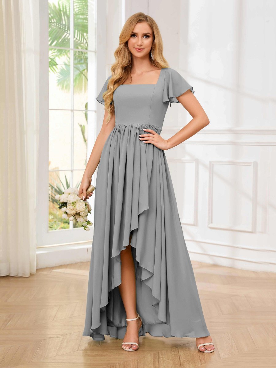 Robes De Demoiselle D'Honneur À Col Carré Ruffles Asymétrique Manches Courtes Itzel – Image 4