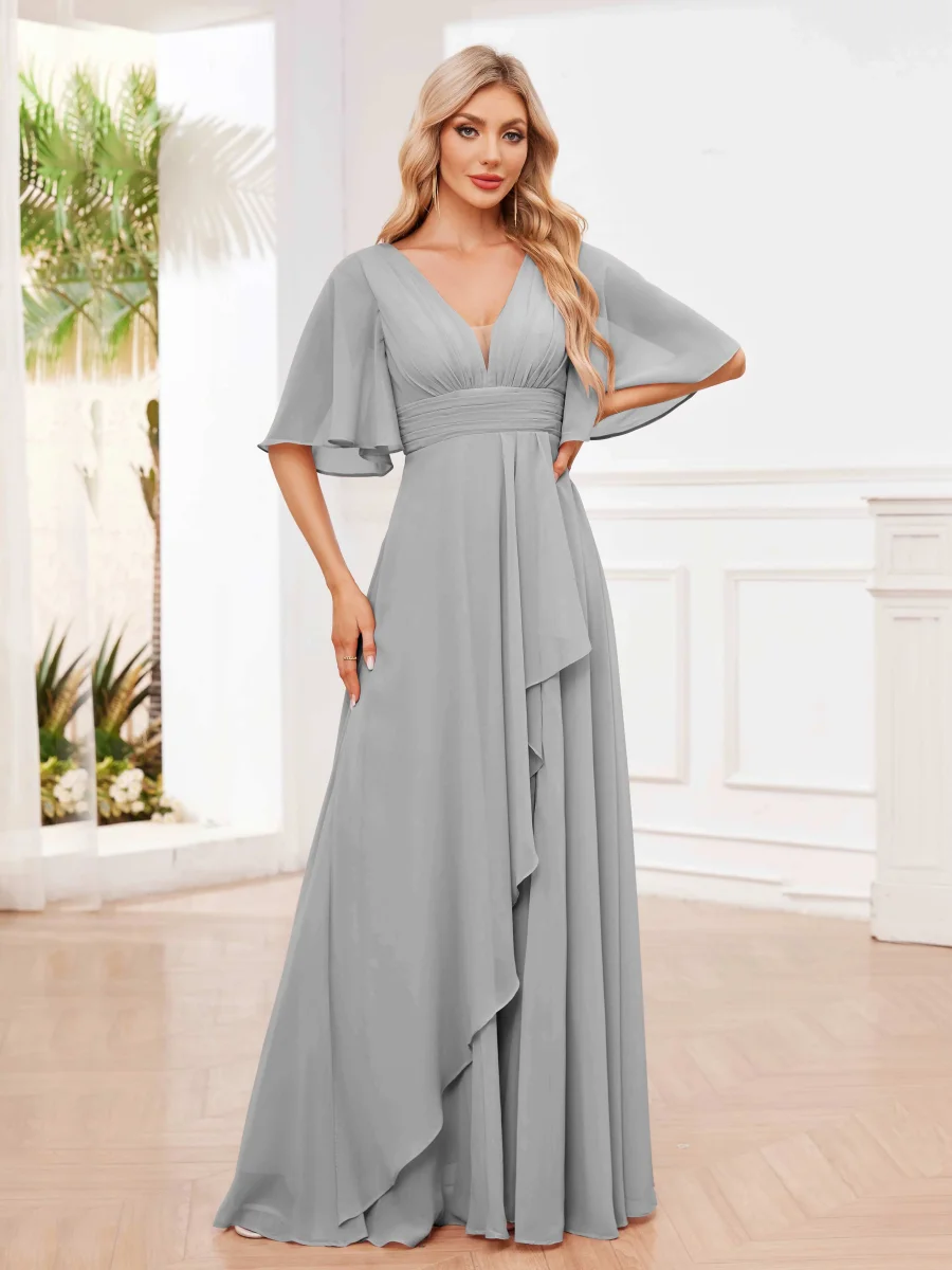 Robes De Demoiselle D'Honneur À Manches Courtes Volants Col V Marie – Image 4