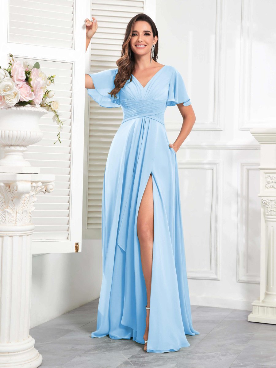 Robes De Demoiselle D'Honneur À Manches Courtes Ruché Fente À Jambe Gracelyn – Image 8