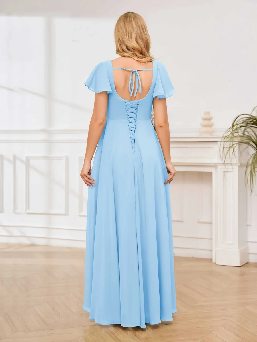 Robes De Demoiselle D'Honneur À Col Carré Ruffles Asymétrique Manches Courtes Itzel – Image 9