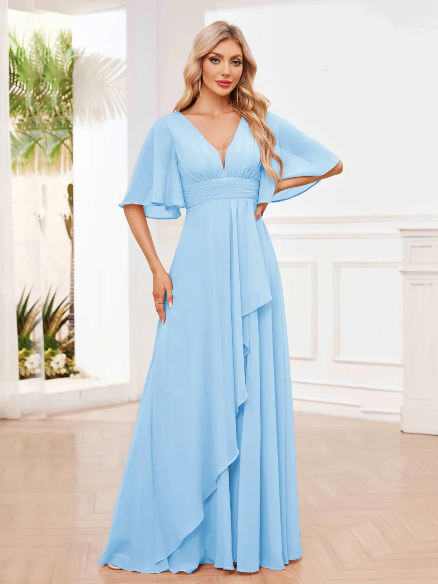 Robes De Demoiselle D'Honneur À Manches Courtes Volants Col V Marie – Image 7