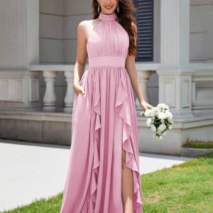 Robes De Demoiselle D'Honneur En Mousseline À Licou Volants Avec Poches Kenzie