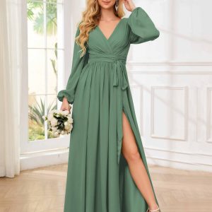 Robes De Demoiselle D'Honneur À Fente À Jambe Ceinture Manches Longues Alanna