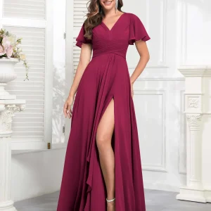 Robes De Demoiselle D'Honneur À Manches Courtes Ruché Fente À Jambe Gracelyn