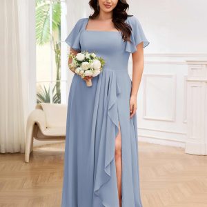 Robes De Demoiselle D'Honneur Grande Taille À Carré Fente À Jambe Katie