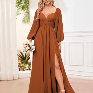 Robes De Demoiselle D'Honneur À Ruché Manches Longues Fente À Jambe Kendra