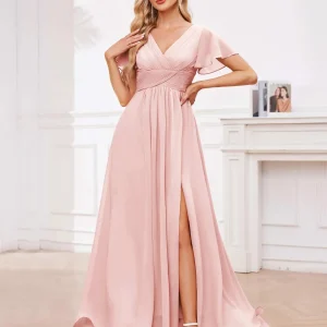Robes De Demoiselle D'Honneur À Fente À Jambe Ruché Col V À Lacets Calliope