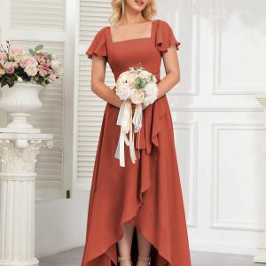 Robes De Demoiselle D'Honneur À Carré Ceinture Manches Courtes Makenna