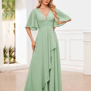 Robes De Demoiselle D'Honneur À Manches Courtes Volants Col V Marie