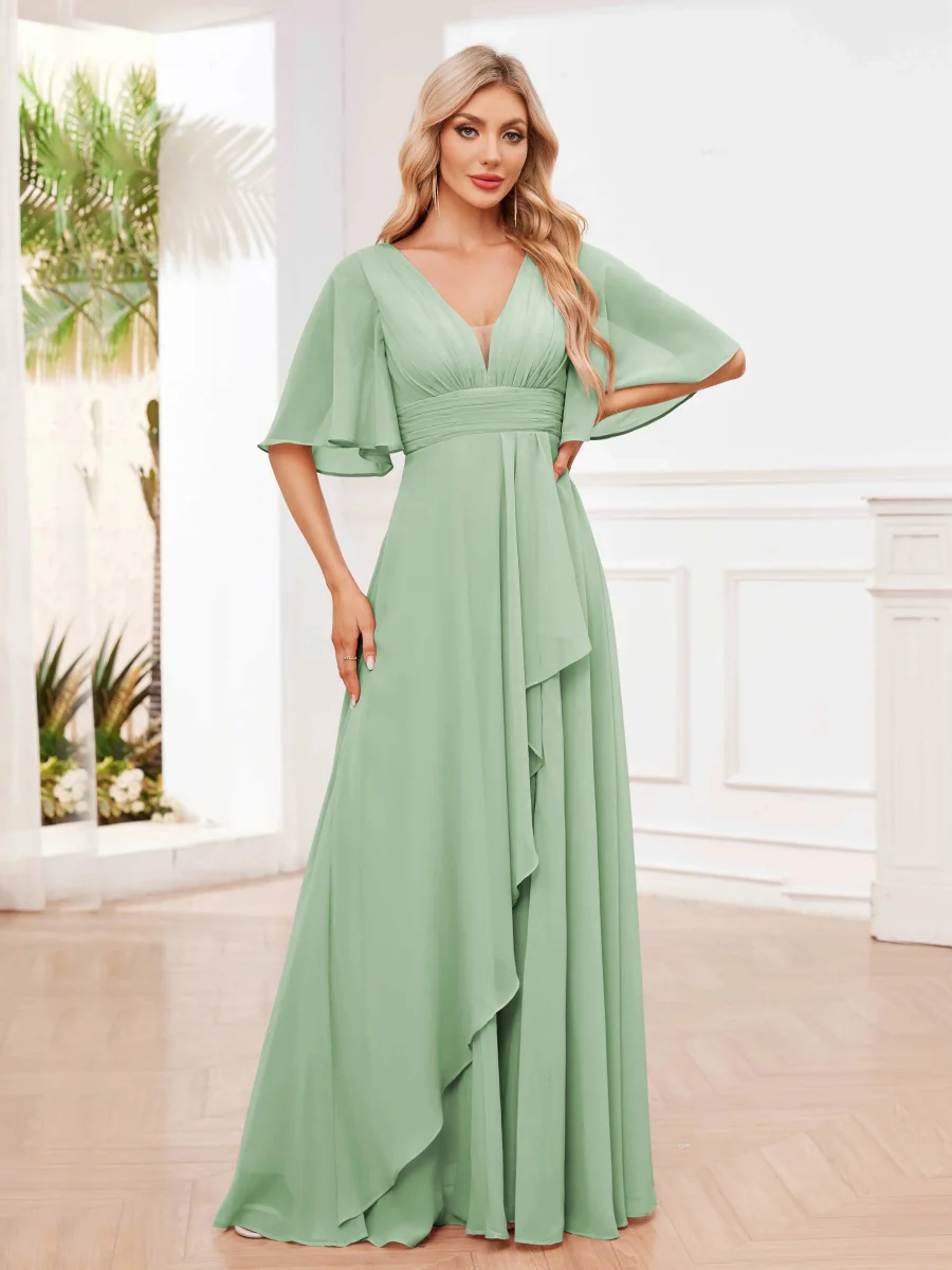 Robes De Demoiselle D'Honneur À Manches Courtes Volants Col V Marie