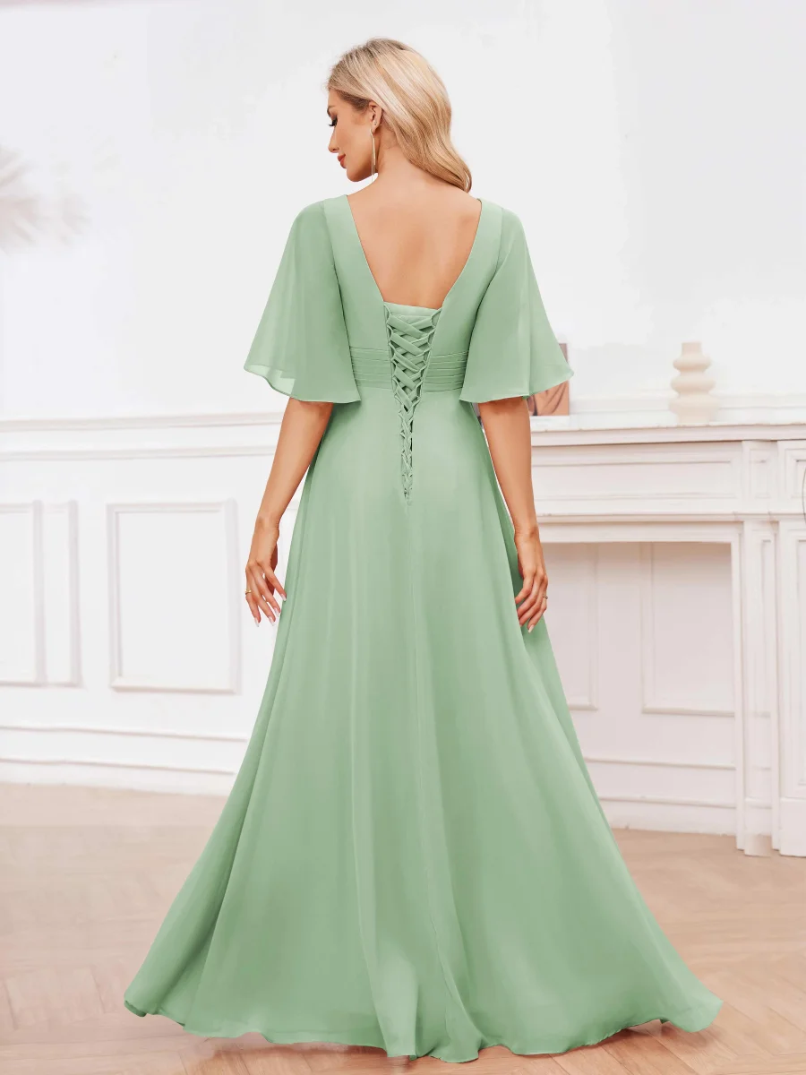 Robes De Demoiselle D'Honneur À Manches Courtes Volants Col V Marie – Image 3