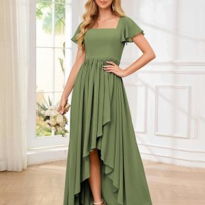 Robes De Demoiselle D'Honneur À Col Carré Ruffles Asymétrique Manches Courtes Itzel