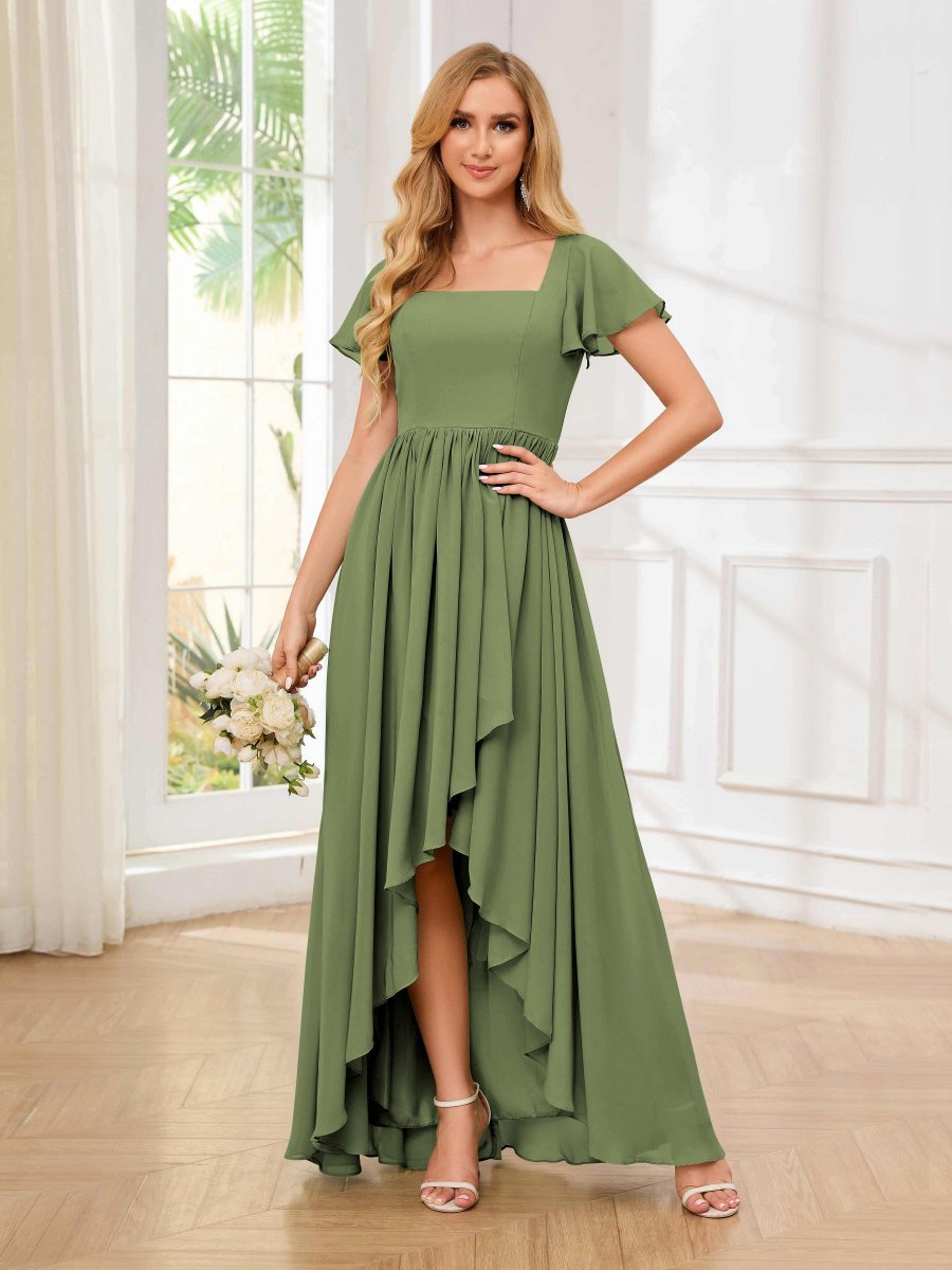 Robes De Demoiselle D'Honneur À Col Carré Ruffles Asymétrique Manches Courtes Itzel – Image 2