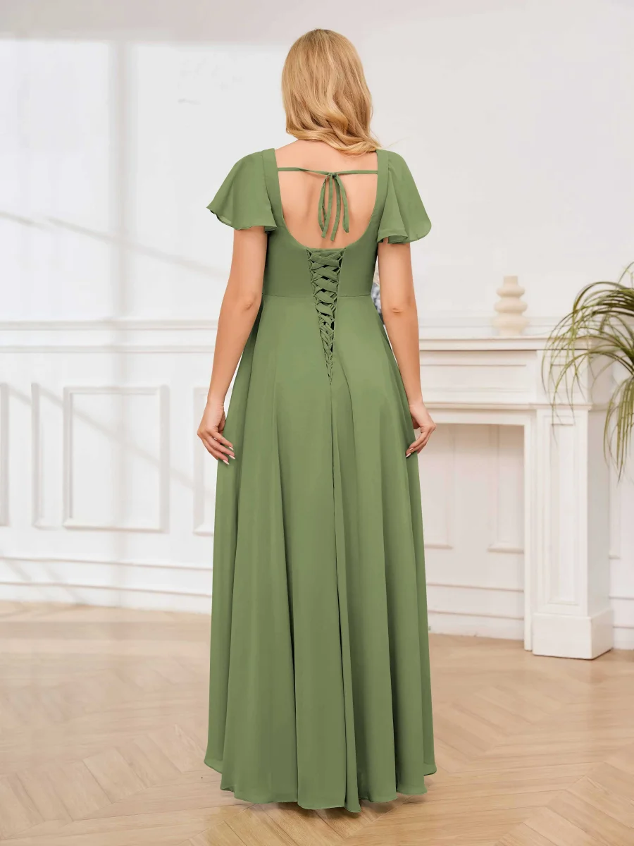 Robes De Demoiselle D'Honneur À Col Carré Ruffles Asymétrique Manches Courtes Itzel – Image 3