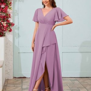 Robes De Demoiselle D'Honneur À Col V Volants Fente À Jambe Makenzie