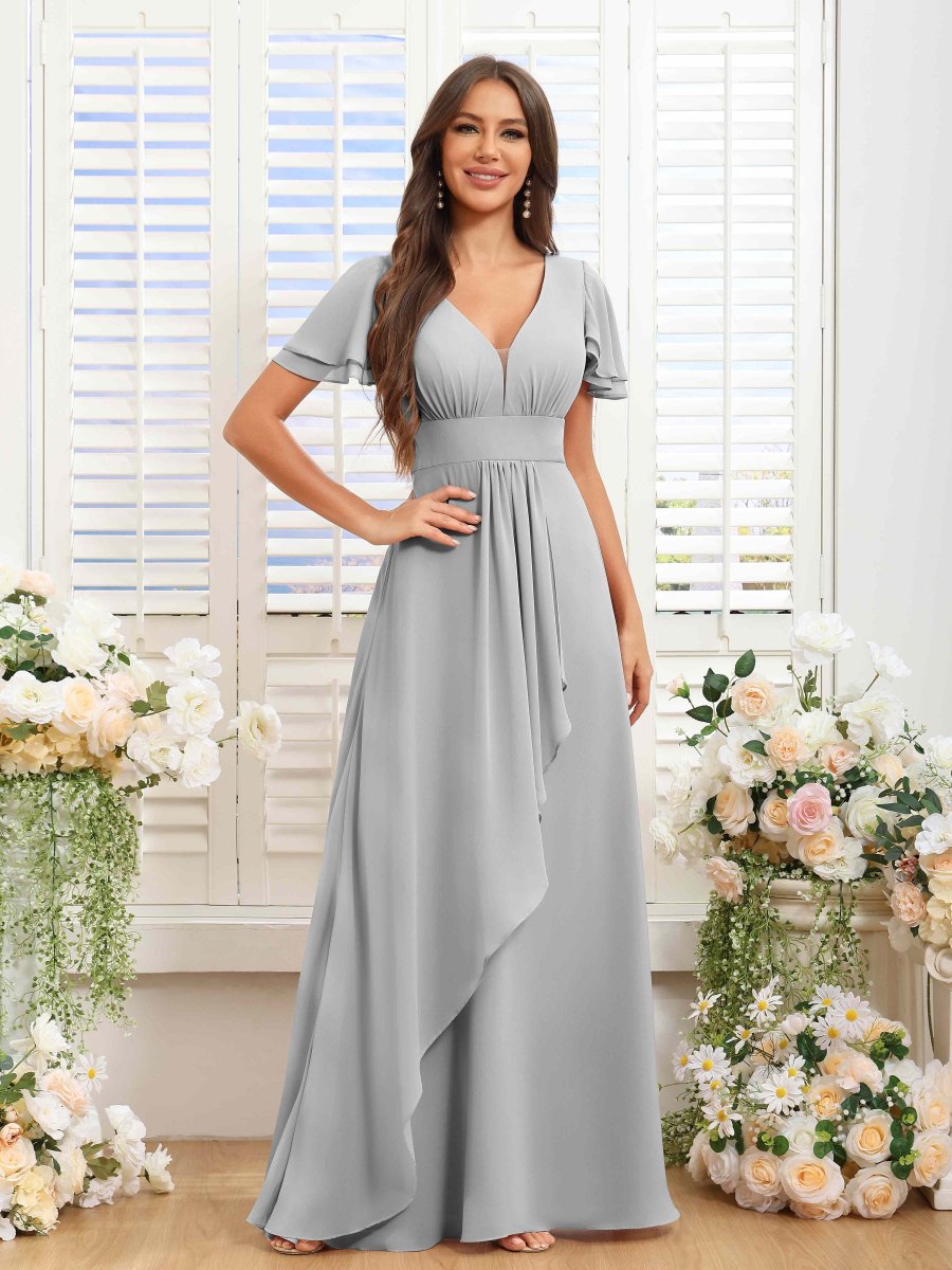 Robes De Demoiselle D'Honneur En Mousseline À Col V Manches Courtes Yvette – Image 4