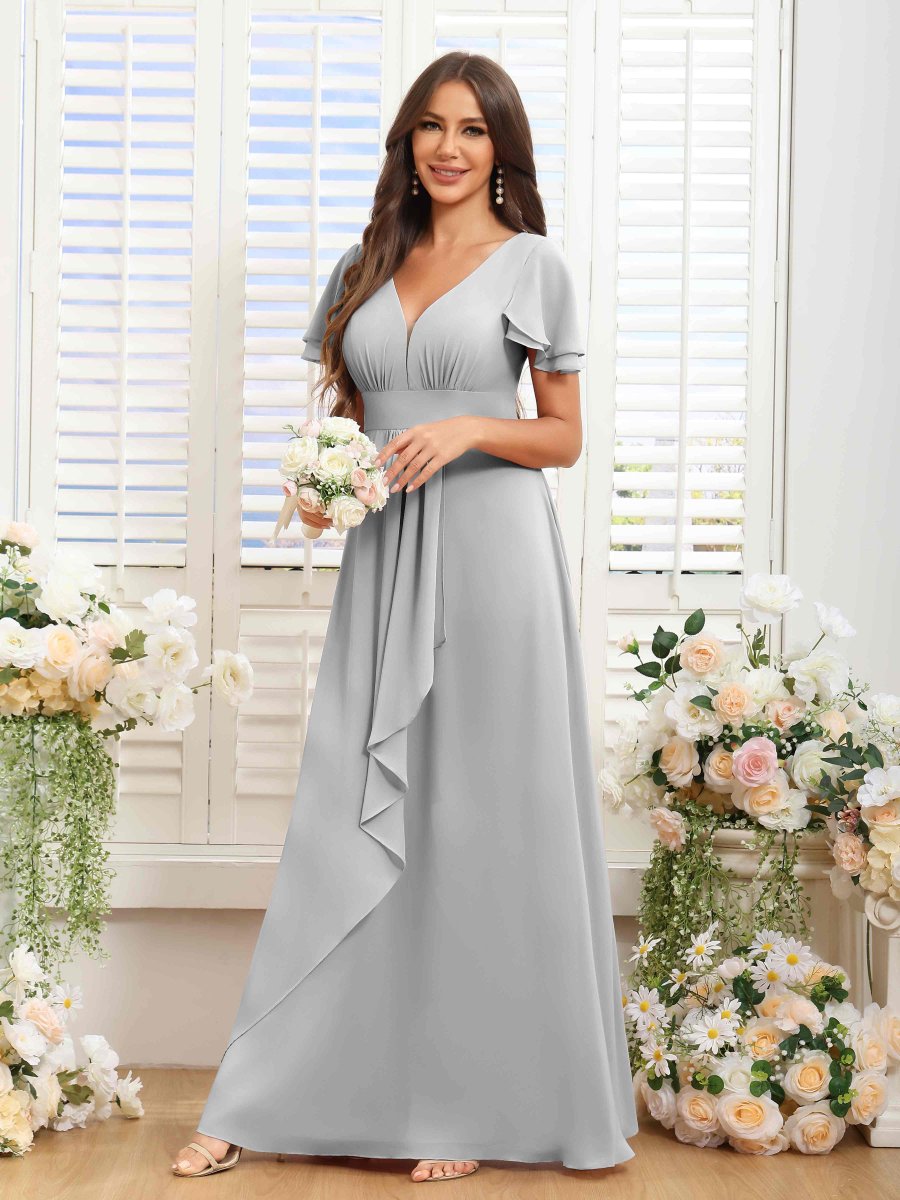 Robes De Demoiselle D'Honneur En Mousseline À Col V Manches Courtes Yvette – Image 5