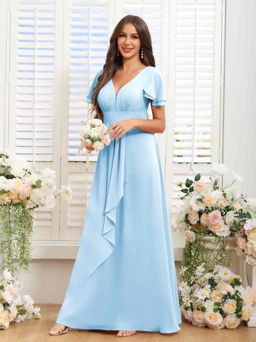 Robes De Demoiselle D'Honneur En Mousseline À Col V Manches Courtes Yvette – Image 8