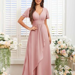 Robes De Demoiselle D'Honneur En Mousseline À Col V Manches Courtes Yvette