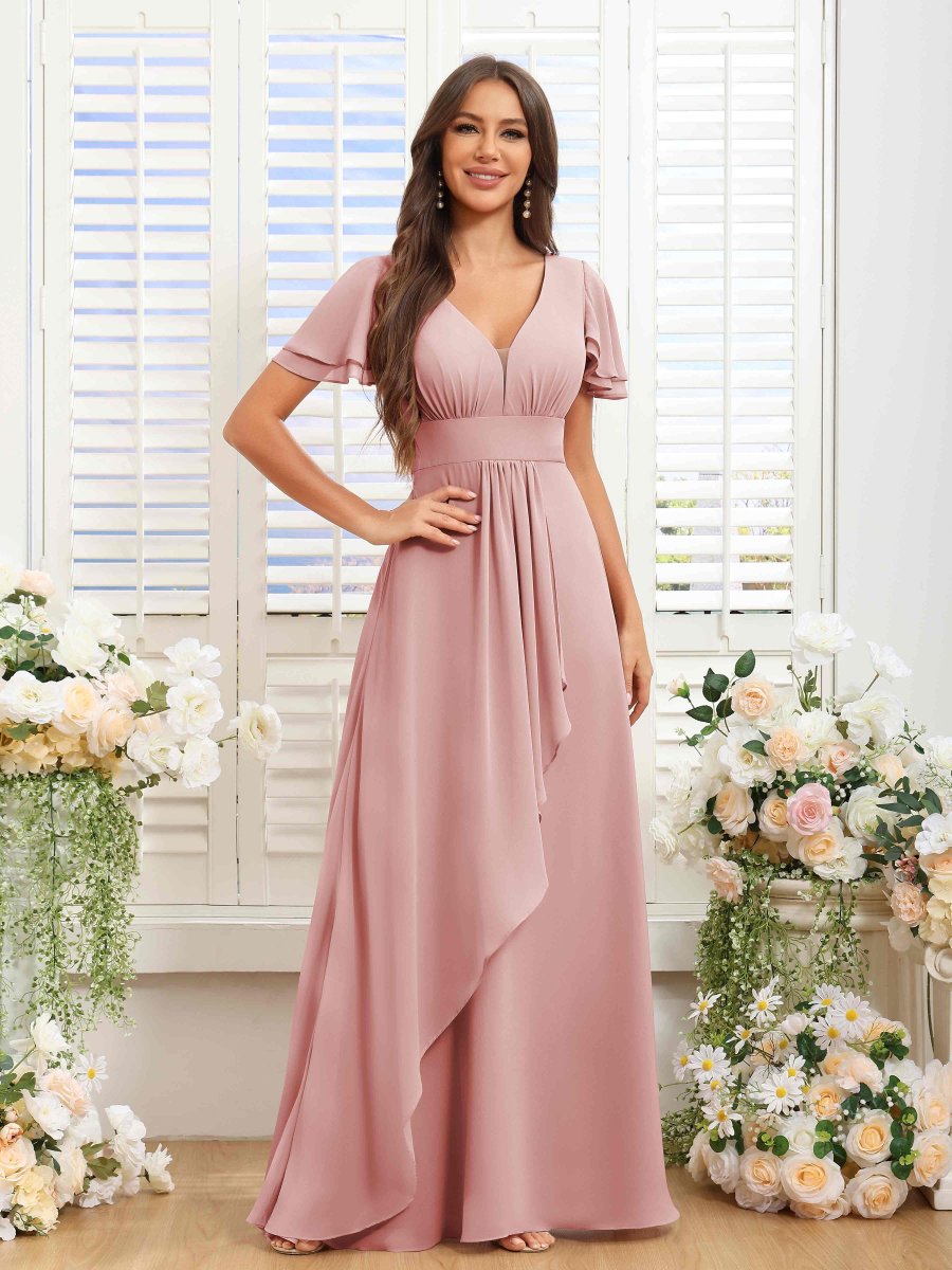 Robes De Demoiselle D'Honneur En Mousseline À Col V Manches Courtes Yvette – Image 2