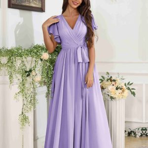 Robes De Demoiselle D'Honneur En Mousseline À Manches Courtes Ceinture Joelle