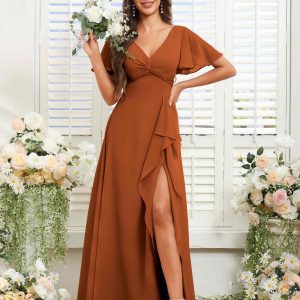 Robes De Demoiselle D'Honneur En Mousseline À Plissé Fente À Jambe Xylia