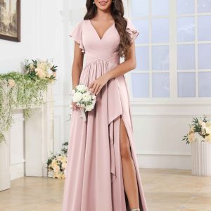 Robes De Demoiselle D'Honneur En Mousseline À Ruché Fente À Jambe Theodora