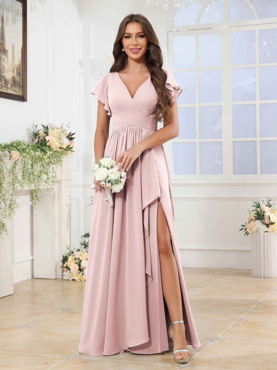 Robes De Demoiselle D'Honneur En Mousseline À Ruché Fente À Jambe Theodora