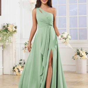 Robes De Demoiselle D'Honneur En Mousseline À Une Épaule Fente À Jambe Martha