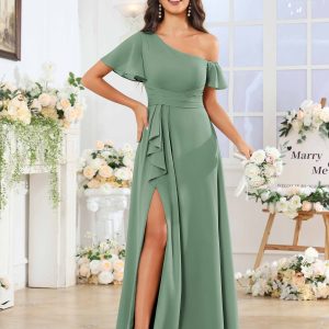 Robes De Demoiselle D'Honneur En Mousseline À Une Épaule Volants Lumen