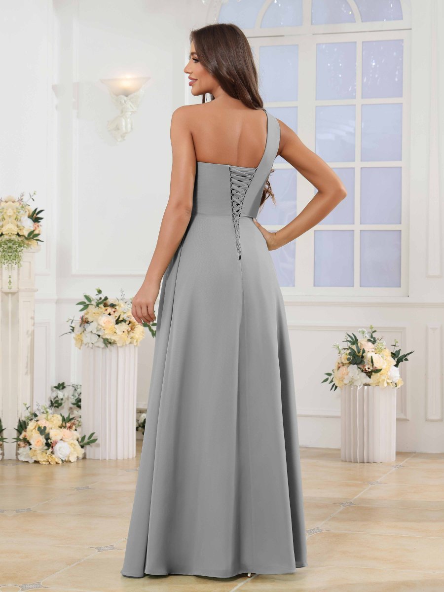 Robes De Demoiselle D'Honneur En Mousseline À Une Épaule Et Plissé Halle – Image 6