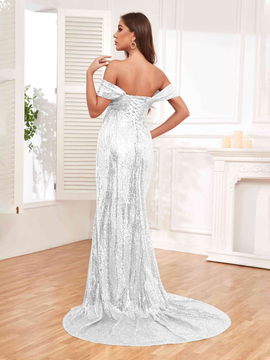 Robes De Soirée En Pailleté À Épaules Dénudées Et Traîne Balayage Kailani – Image 7