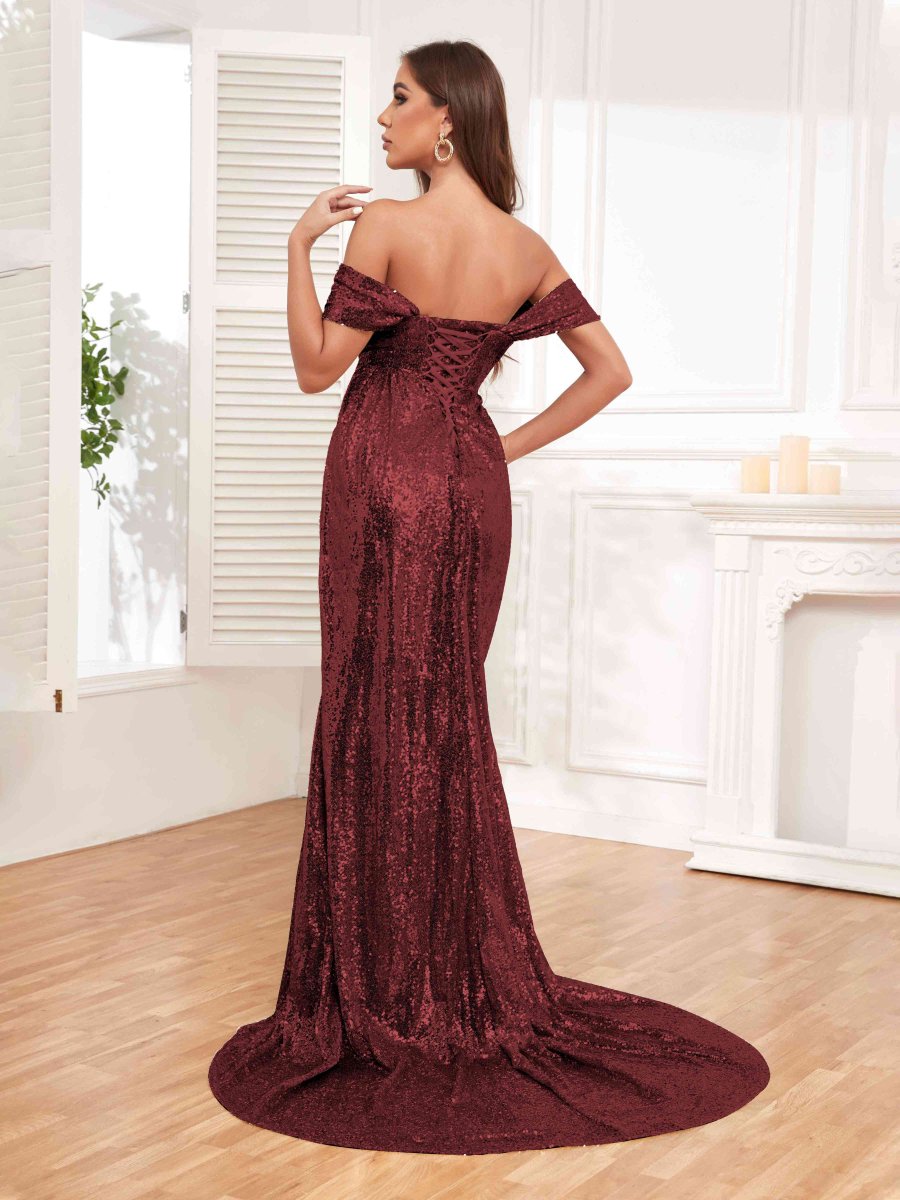Robes De Soirée En Pailleté À Épaules Dénudées Et Traîne Balayage Kailani – Image 4