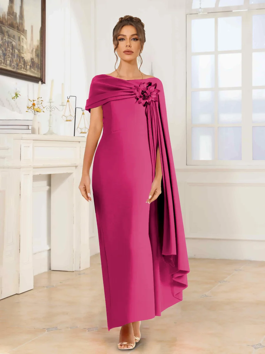 Robes De Soirée En Satin À Élégante Asymétrique Cape Fleur Maxi Ulythia