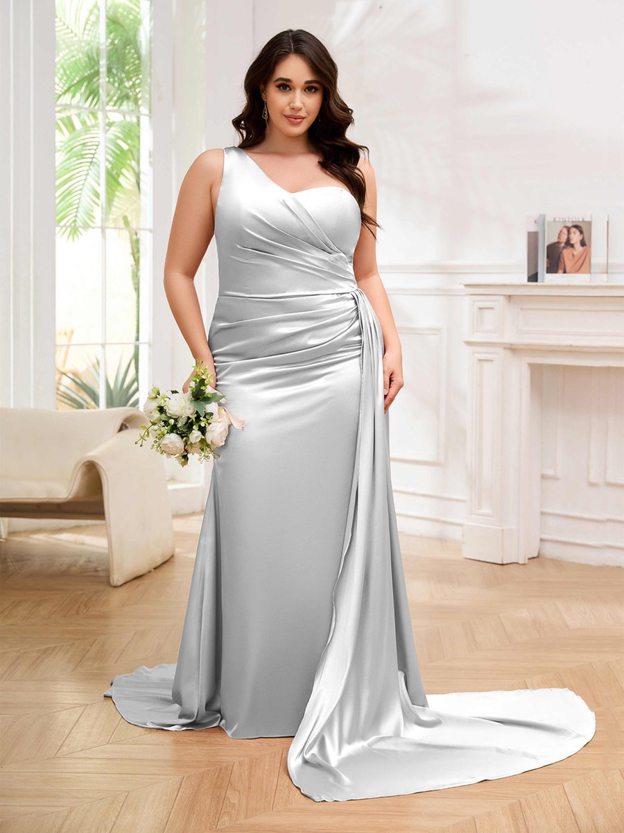 Robes De Soirée Grande Taille En Satin À Traîne Balayage Une Épaule Emmy – Image 4