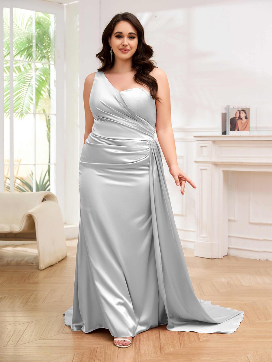 Robes De Soirée Grande Taille En Satin À Traîne Balayage Une Épaule Emmy – Image 5
