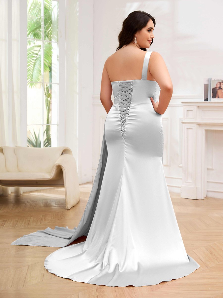 Robes De Soirée Grande Taille En Satin À Traîne Balayage Une Épaule Emmy – Image 6