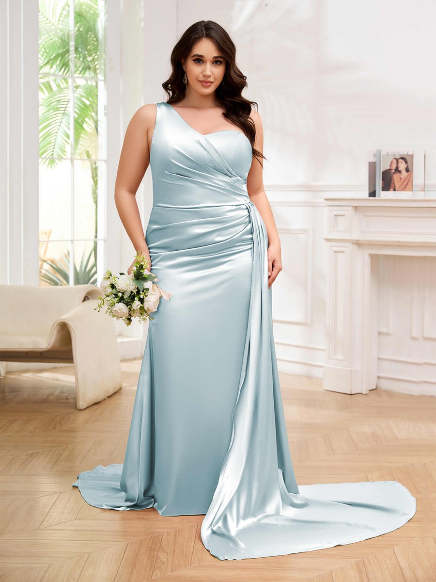 Robes De Soirée Grande Taille En Satin À Traîne Balayage Une Épaule Emmy – Image 7