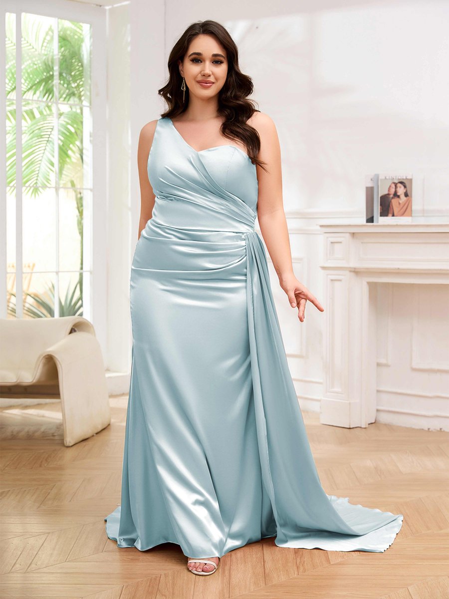 Robes De Soirée Grande Taille En Satin À Traîne Balayage Une Épaule Emmy – Image 8