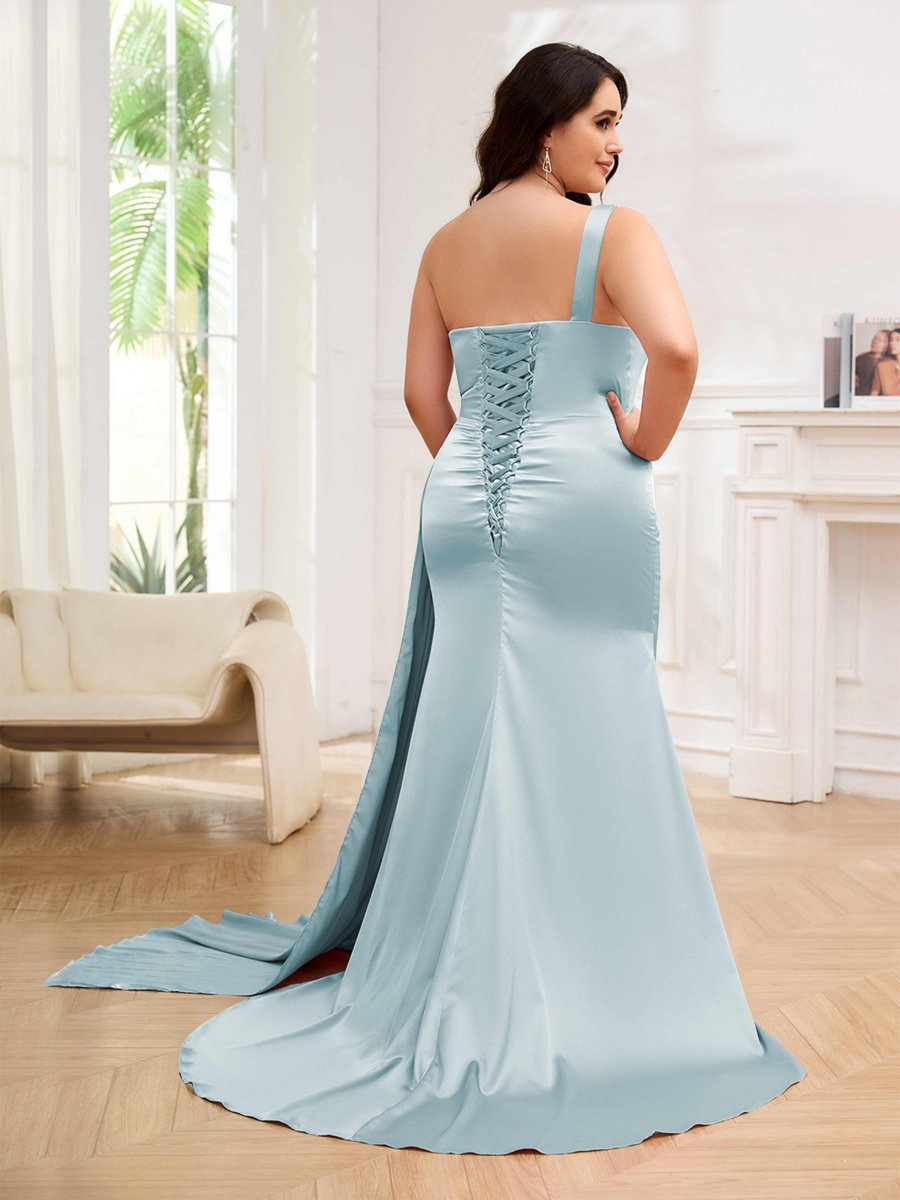 Robes De Soirée Grande Taille En Satin À Traîne Balayage Une Épaule Emmy – Image 9