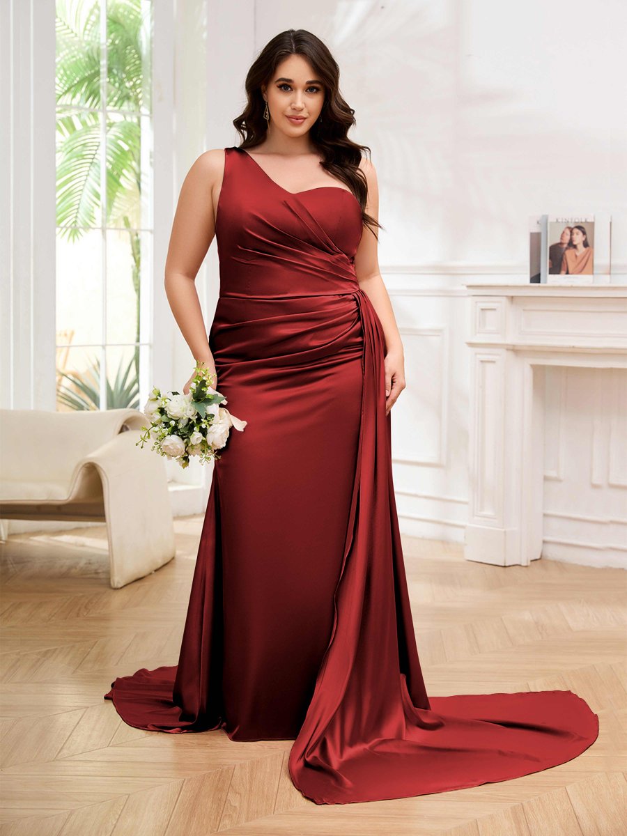 Robes De Soirée Grande Taille En Satin À Traîne Balayage Une Épaule Emmy