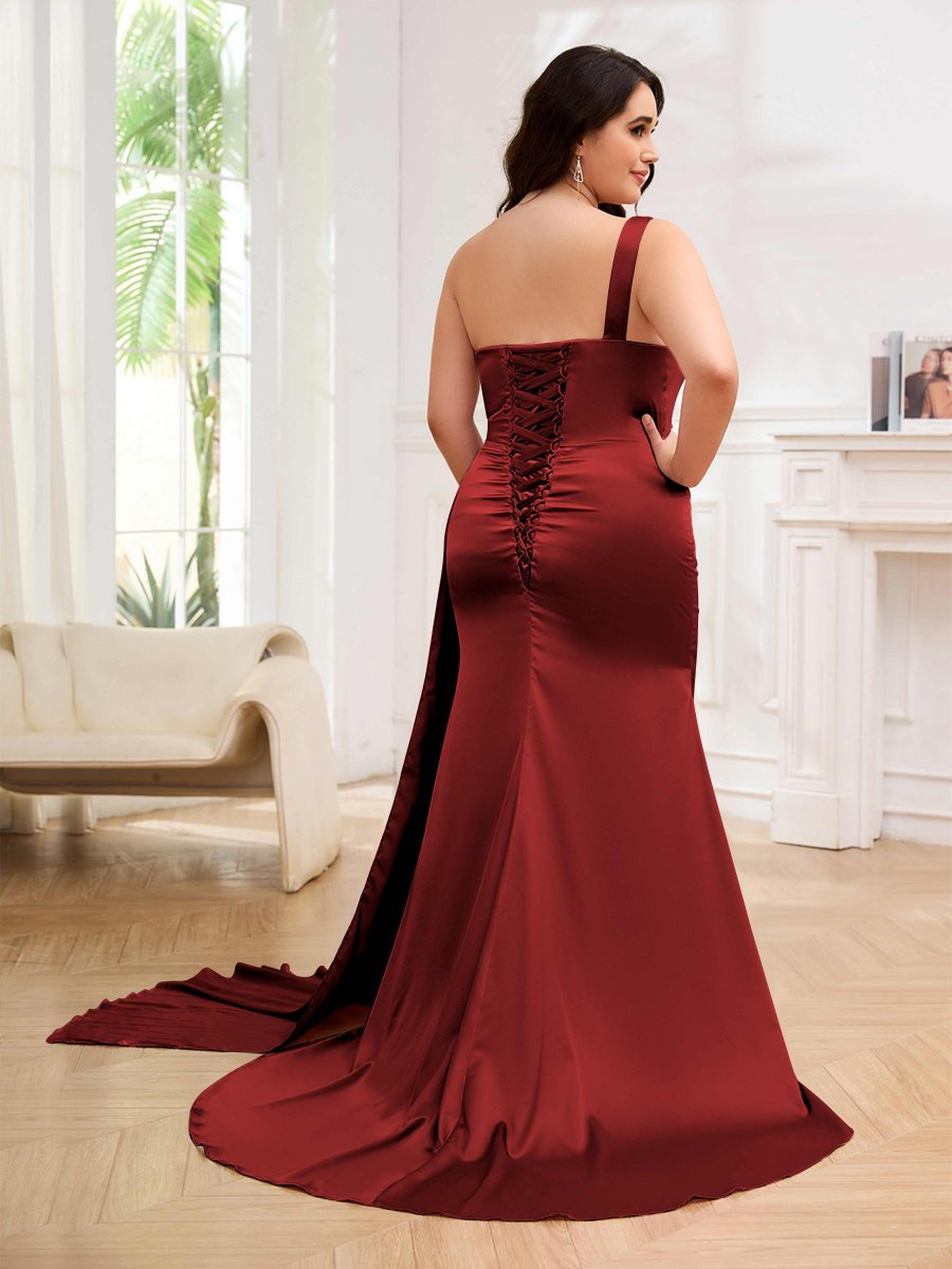 Robes De Soirée Grande Taille En Satin À Traîne Balayage Une Épaule Emmy – Image 3