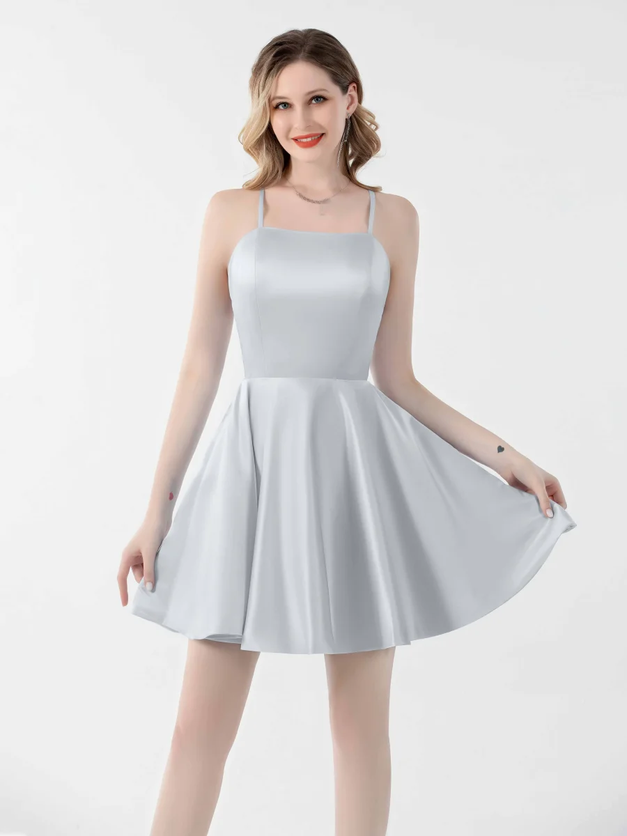 Robes De Soirée Mini En Satin À Dos À Nouer Et Bretelles Spaghetti Ryleigh – Image 8