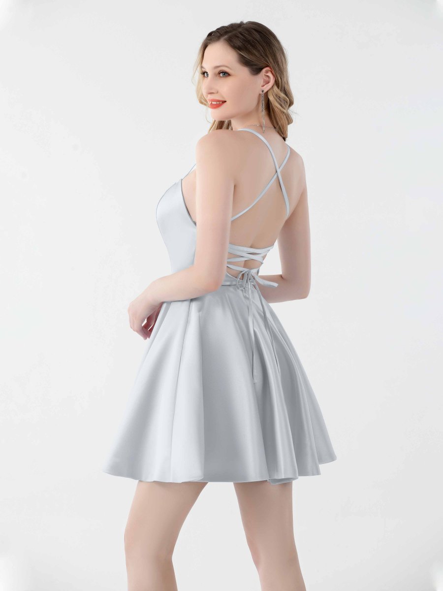 Robes De Soirée Mini En Satin À Dos À Nouer Et Bretelles Spaghetti Ryleigh – Image 9