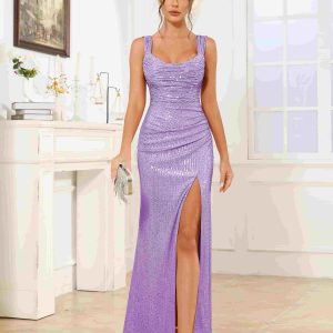 Robes De Soirée En Pailleté À Col Bénitier Ruché Longueur Au Sol Marilyn