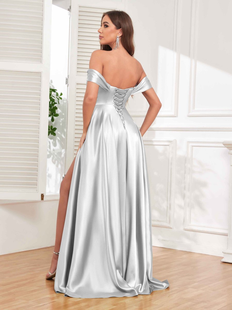 Robes En Satin À Formelles Épaules Dénudées Fente À Jambe Et Ruché Paige – Image 6